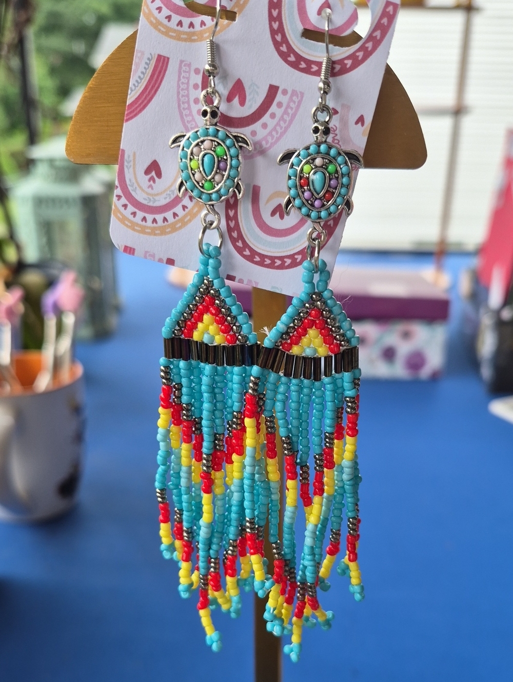 Hand-made HUICHOL Glass Seed Bead dangle earrings 🐢 Curtain Fringe W/ TURTLES!
